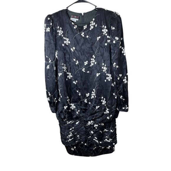 Vintage 1980's Saint Romei Sz 12 100% Silk Dress Black Floral Print - Picture 1 of 9